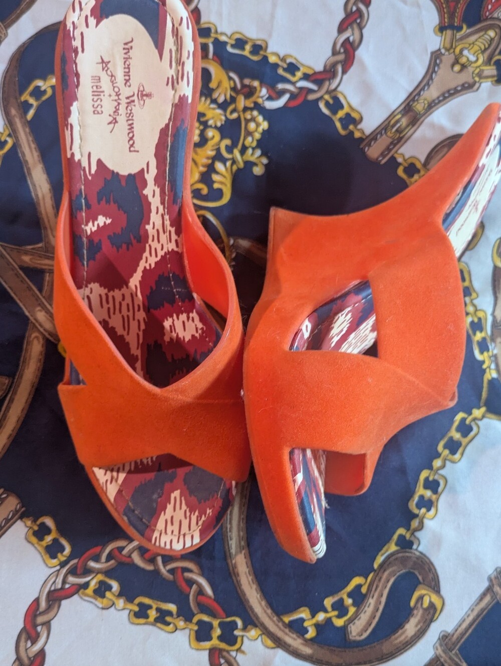 Vivienne Westwood X Melissa Anglomania orange flocked funky wedges